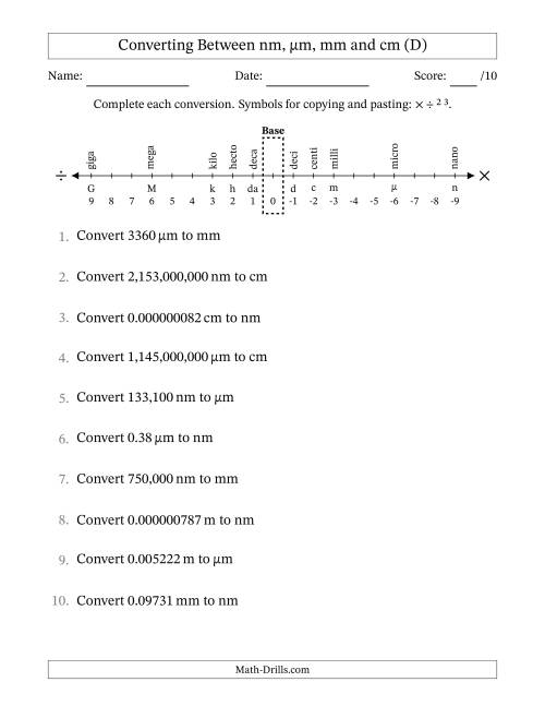 The Converting Between Nanometers, Micrometers, Millimeters and Centimeters (D) Math Worksheet