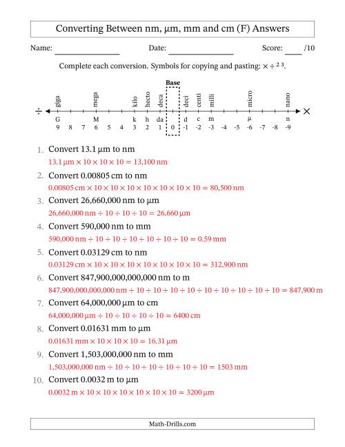 The Converting Between Nanometers, Micrometers, Millimeters and Centimeters (F) Math Worksheet Page 2