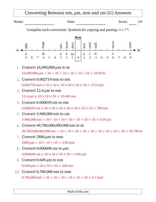 The Converting Between Nanometers, Micrometers, Millimeters and Centimeters (G) Math Worksheet Page 2