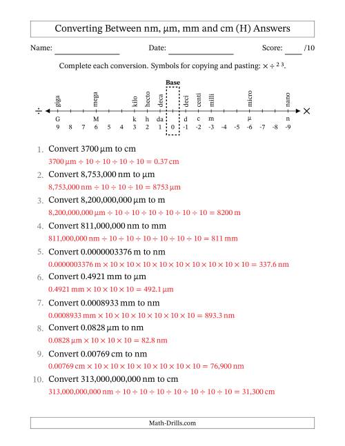 The Converting Between Nanometers, Micrometers, Millimeters and Centimeters (H) Math Worksheet Page 2
