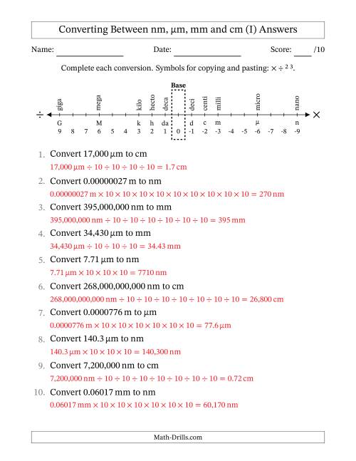 The Converting Between Nanometers, Micrometers, Millimeters and Centimeters (I) Math Worksheet Page 2