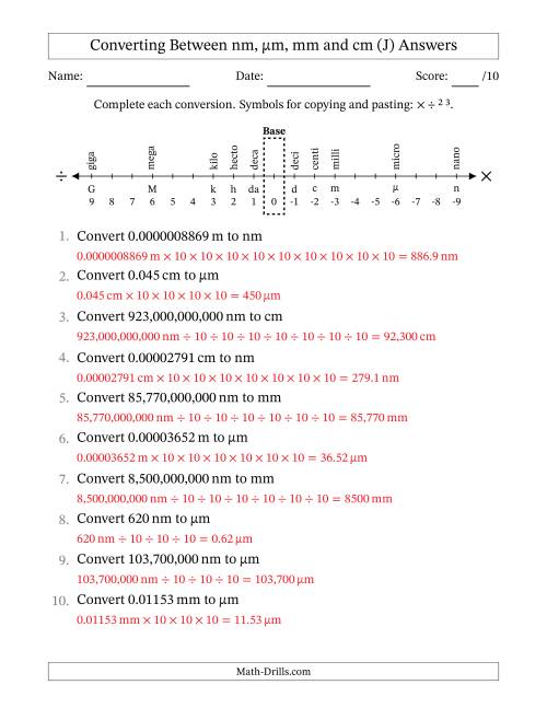 The Converting Between Nanometers, Micrometers, Millimeters and Centimeters (J) Math Worksheet Page 2