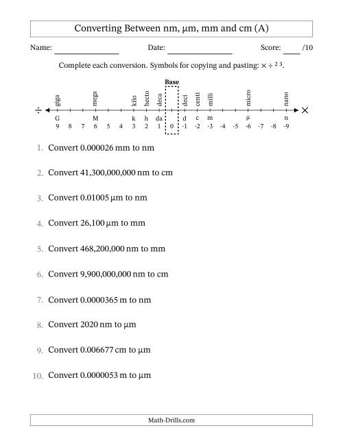 The Converting Between Nanometers, Micrometers, Millimeters and Centimeters (All) Math Worksheet