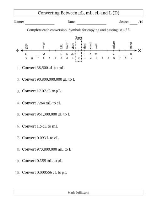 The Converting Between Microliters, Milliliters, Centiliters and Liters (D) Math Worksheet