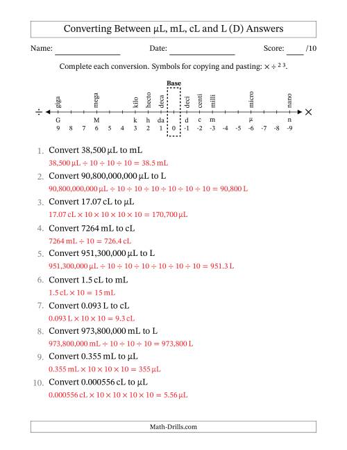 The Converting Between Microliters, Milliliters, Centiliters and Liters (D) Math Worksheet Page 2