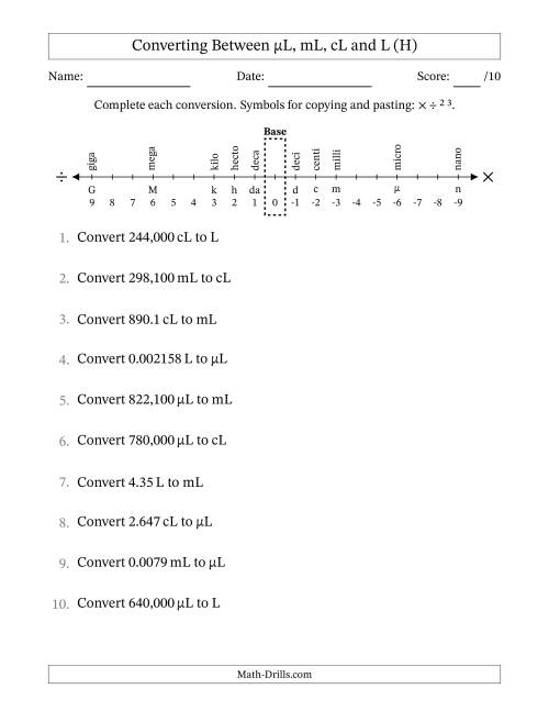The Converting Between Microliters, Milliliters, Centiliters and Liters (H) Math Worksheet