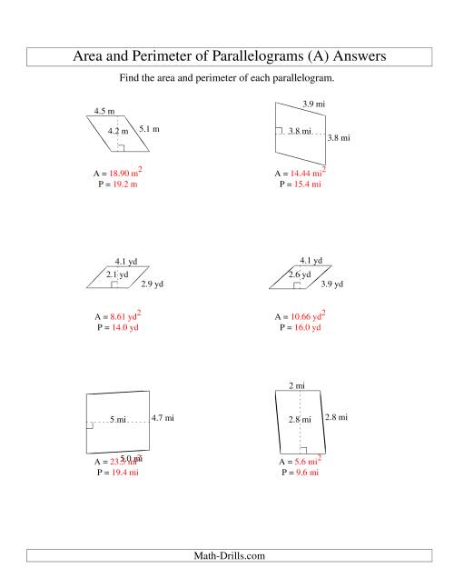 The Area and Perimeter of Parallelograms (up to 1 decimal place; range 1-5) (A) Math Worksheet Page 2