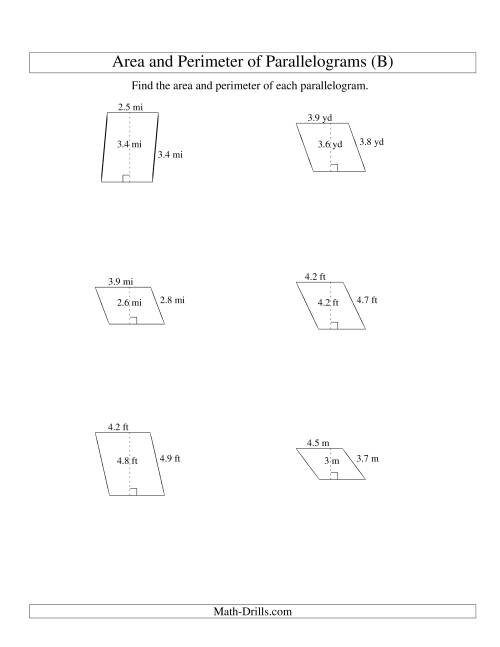 The Area and Perimeter of Parallelograms (up to 1 decimal place; range 1-5) (B) Math Worksheet