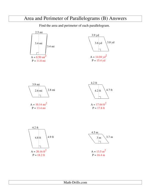 The Area and Perimeter of Parallelograms (up to 1 decimal place; range 1-5) (B) Math Worksheet Page 2
