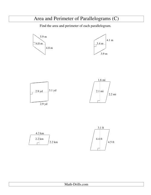 The Area and Perimeter of Parallelograms (up to 1 decimal place; range 1-5) (C) Math Worksheet