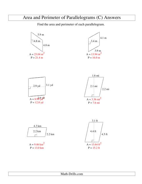 The Area and Perimeter of Parallelograms (up to 1 decimal place; range 1-5) (C) Math Worksheet Page 2