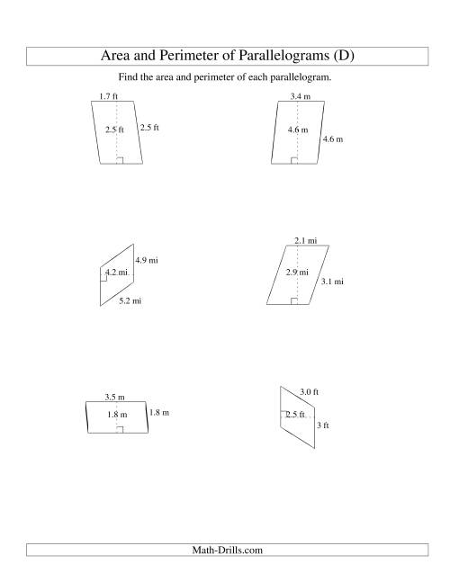 The Area and Perimeter of Parallelograms (up to 1 decimal place; range 1-5) (D) Math Worksheet