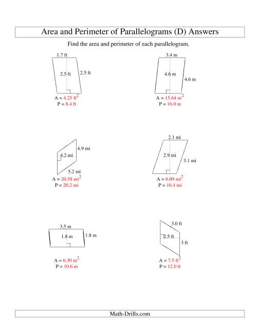 The Area and Perimeter of Parallelograms (up to 1 decimal place; range 1-5) (D) Math Worksheet Page 2