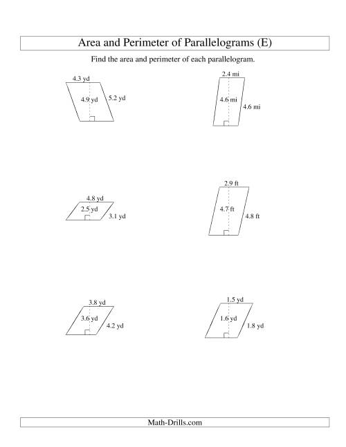 The Area and Perimeter of Parallelograms (up to 1 decimal place; range 1-5) (E) Math Worksheet