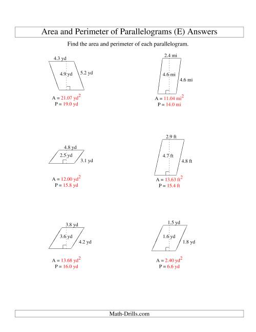 The Area and Perimeter of Parallelograms (up to 1 decimal place; range 1-5) (E) Math Worksheet Page 2
