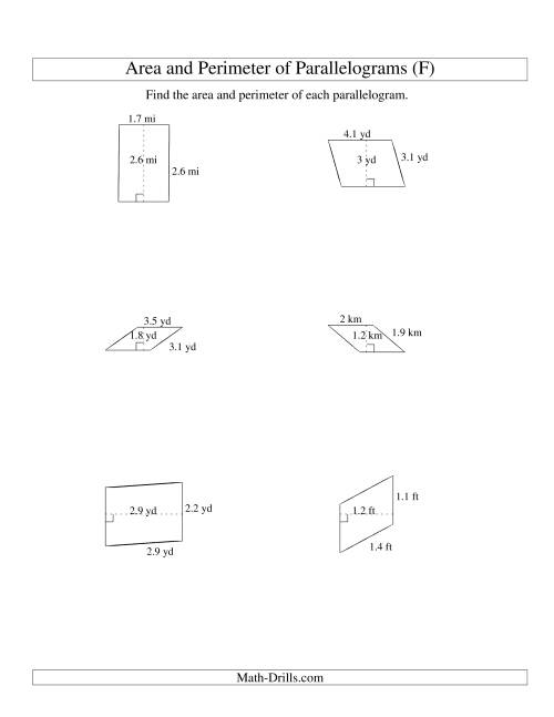 The Area and Perimeter of Parallelograms (up to 1 decimal place; range 1-5) (F) Math Worksheet