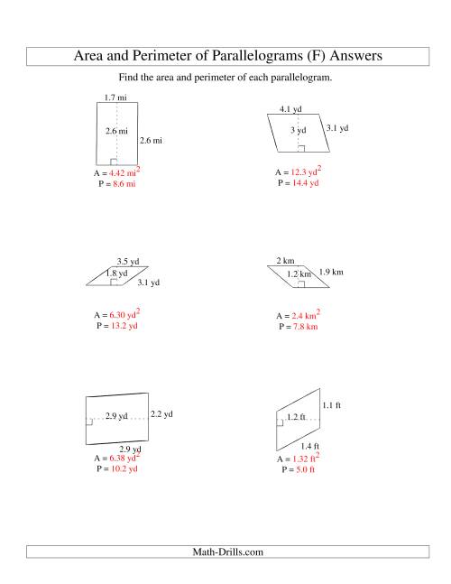The Area and Perimeter of Parallelograms (up to 1 decimal place; range 1-5) (F) Math Worksheet Page 2