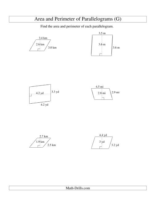 The Area and Perimeter of Parallelograms (up to 1 decimal place; range 1-5) (G) Math Worksheet