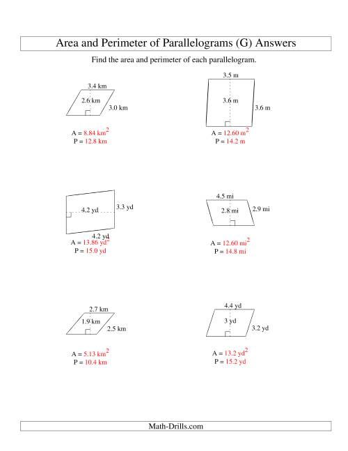 The Area and Perimeter of Parallelograms (up to 1 decimal place; range 1-5) (G) Math Worksheet Page 2