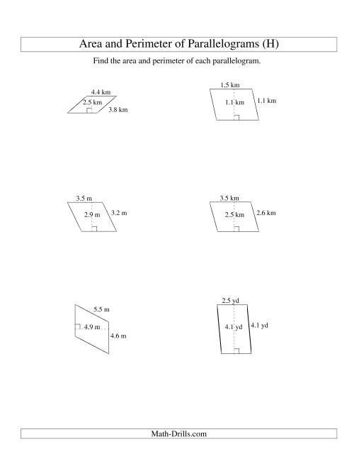 The Area and Perimeter of Parallelograms (up to 1 decimal place; range 1-5) (H) Math Worksheet