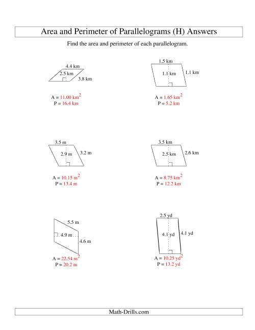 The Area and Perimeter of Parallelograms (up to 1 decimal place; range 1-5) (H) Math Worksheet Page 2