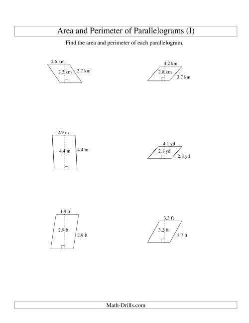 The Area and Perimeter of Parallelograms (up to 1 decimal place; range 1-5) (I) Math Worksheet