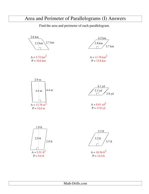 The Area and Perimeter of Parallelograms (up to 1 decimal place; range 1-5) (I) Math Worksheet Page 2