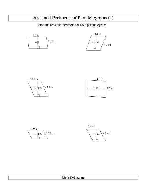 The Area and Perimeter of Parallelograms (up to 1 decimal place; range 1-5) (J) Math Worksheet