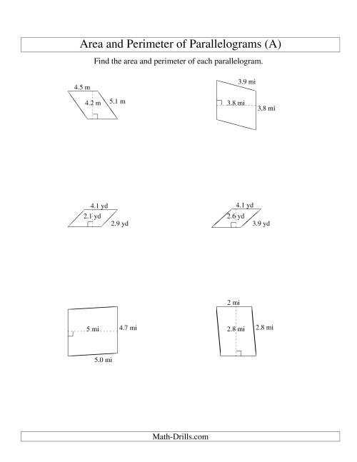 The Area and Perimeter of Parallelograms (up to 1 decimal place; range 1-5) (All) Math Worksheet