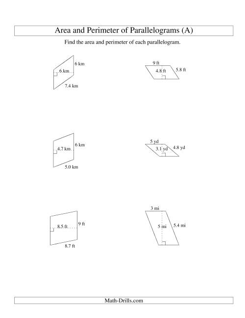 The Area and Perimeter of Parallelograms (whole number base; range 1-9) (A) Math Worksheet