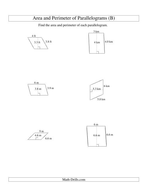 The Area and Perimeter of Parallelograms (whole number base; range 1-9) (B) Math Worksheet