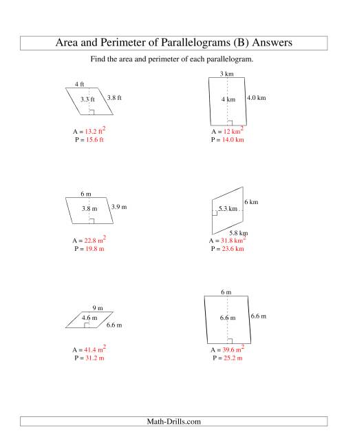 The Area and Perimeter of Parallelograms (whole number base; range 1-9) (B) Math Worksheet Page 2