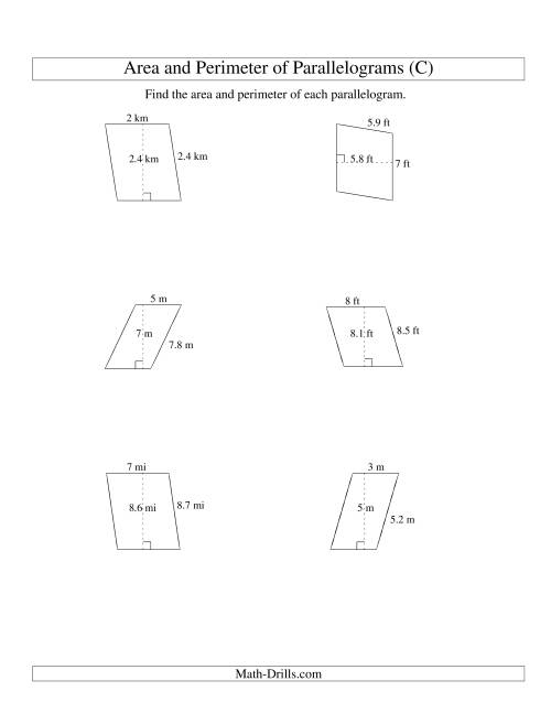 The Area and Perimeter of Parallelograms (whole number base; range 1-9) (C) Math Worksheet