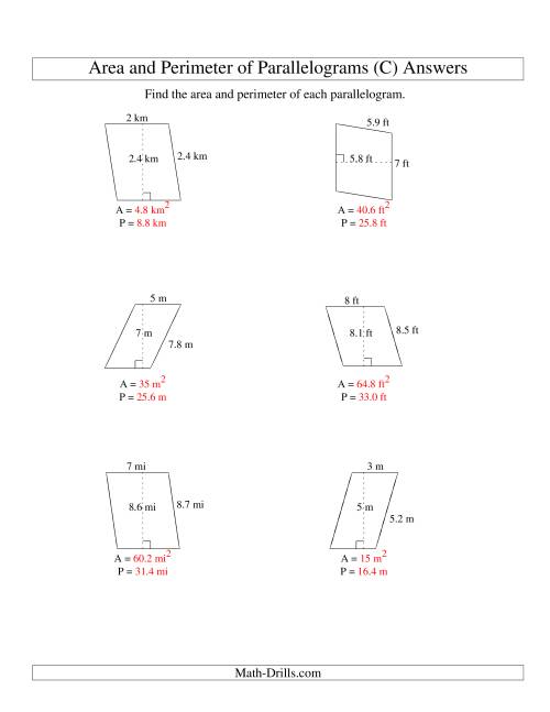 The Area and Perimeter of Parallelograms (whole number base; range 1-9) (C) Math Worksheet Page 2