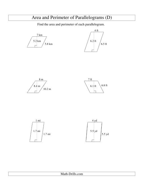 The Area and Perimeter of Parallelograms (whole number base; range 1-9) (D) Math Worksheet