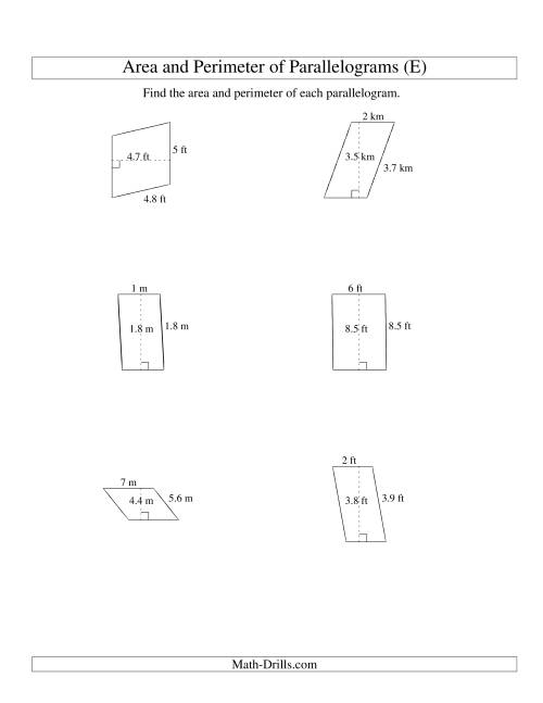 The Area and Perimeter of Parallelograms (whole number base; range 1-9) (E) Math Worksheet
