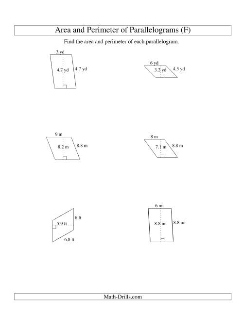 The Area and Perimeter of Parallelograms (whole number base; range 1-9) (F) Math Worksheet