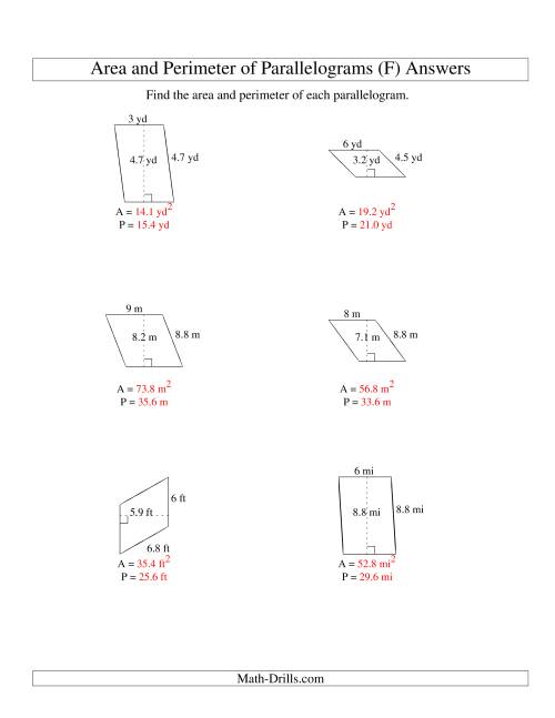The Area and Perimeter of Parallelograms (whole number base; range 1-9) (F) Math Worksheet Page 2