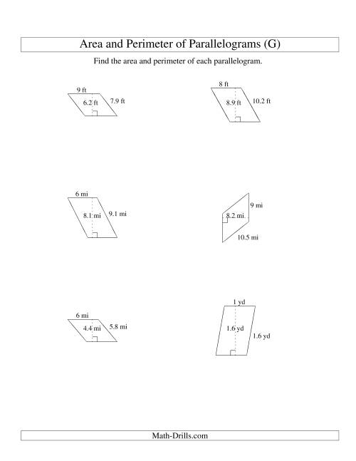 The Area and Perimeter of Parallelograms (whole number base; range 1-9) (G) Math Worksheet