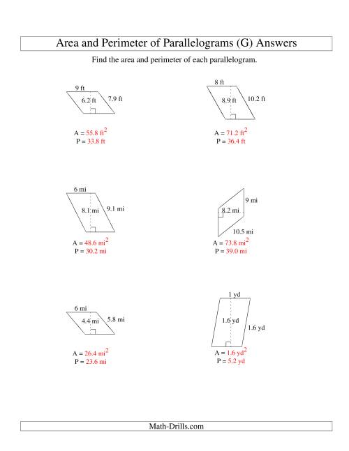 The Area and Perimeter of Parallelograms (whole number base; range 1-9) (G) Math Worksheet Page 2