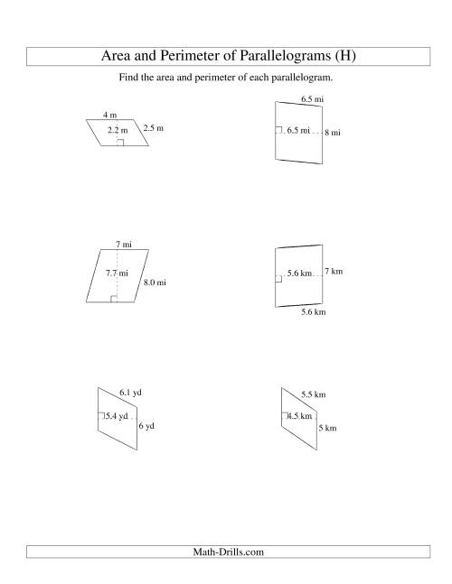The Area and Perimeter of Parallelograms (whole number base; range 1-9) (H) Math Worksheet