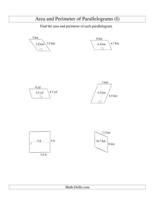 The Area and Perimeter of Parallelograms (whole number base; range 1-9) (I) Math Worksheet