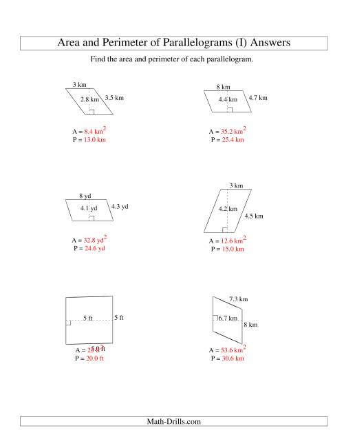 The Area and Perimeter of Parallelograms (whole number base; range 1-9) (I) Math Worksheet Page 2