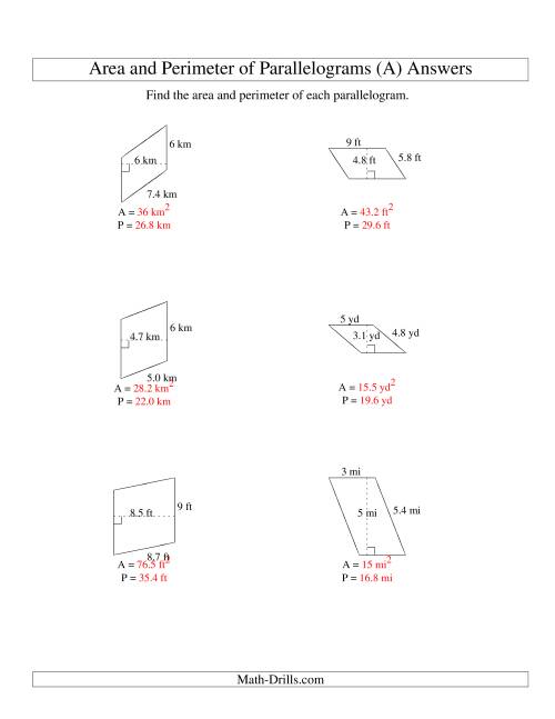 The Area and Perimeter of Parallelograms (whole number base; range 1-9) (All) Math Worksheet Page 2