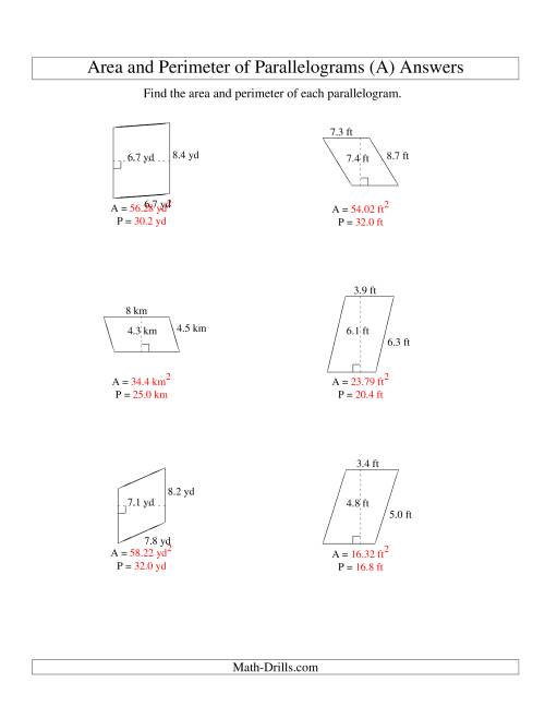 The Area and Perimeter of Parallelograms (up to 1 decimal place; range 1-9) (A) Math Worksheet Page 2