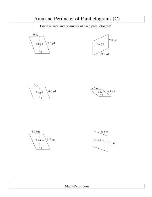 The Area and Perimeter of Parallelograms (up to 1 decimal place; range 1-9) (C) Math Worksheet