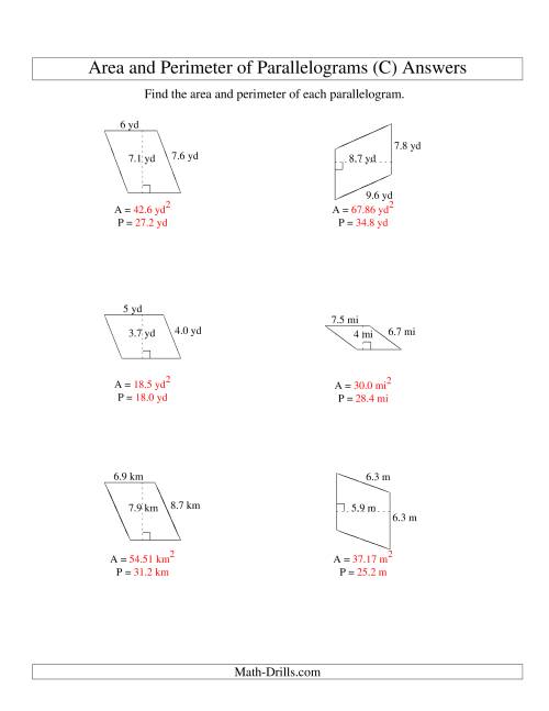 The Area and Perimeter of Parallelograms (up to 1 decimal place; range 1-9) (C) Math Worksheet Page 2