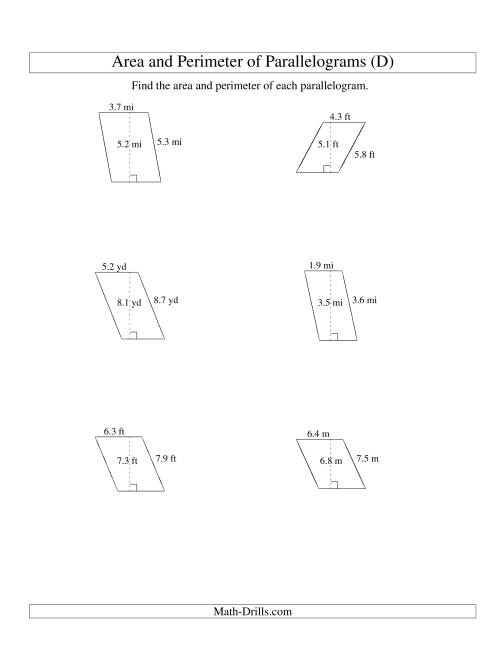 The Area and Perimeter of Parallelograms (up to 1 decimal place; range 1-9) (D) Math Worksheet