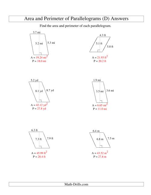 The Area and Perimeter of Parallelograms (up to 1 decimal place; range 1-9) (D) Math Worksheet Page 2