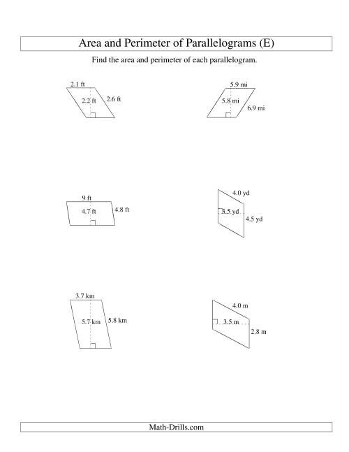 The Area and Perimeter of Parallelograms (up to 1 decimal place; range 1-9) (E) Math Worksheet